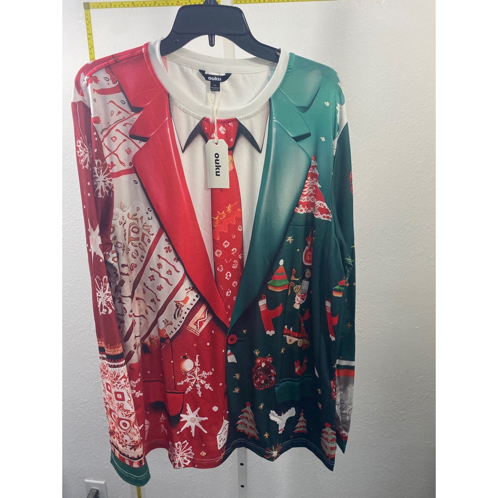 Ouku Mens XL Ugly Christmas Tuxedo Graphic Long Sleeve Shirt Red Green New
